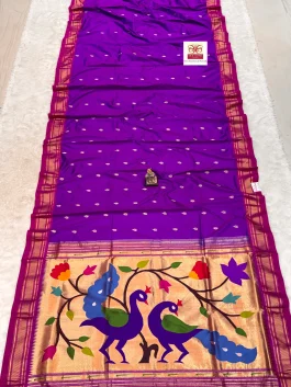 Pure Silk Big Peacock Pallu Handloom Yeola Paithani Brinjal D10