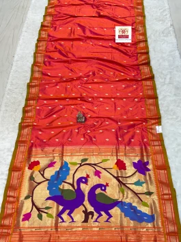 Pure Silk Big Peacock Pallu Handloom Yeola Paithani Dhupchav Orange D10