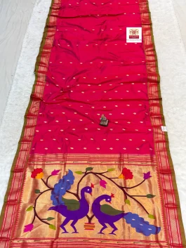 Pure Silk Big Peacock Pallu Handloom Yeola Paithani Red Pink D10