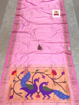 Pure Silk Big Peacock Pallu Handloom Yeola Paithani Self Baby Pink D10