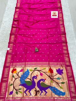 Pure Silk Big Peacock Pallu Handloom Yeola Paithani Self Rani Pink D10