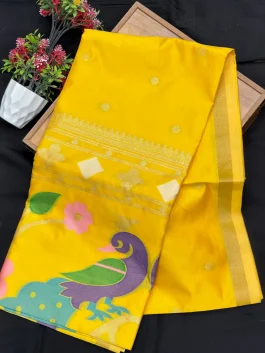 Maheshwari Jamdhani Pallu Yellow Saree V11