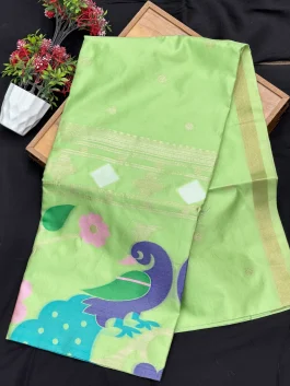 Maheshwari Jamdhani Pallu Pista Green Saree V11