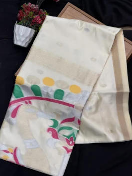 Maheshwari Jamdhani Pallu White Saree V11