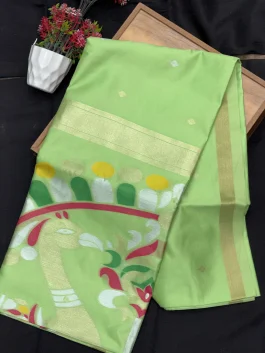 Maheshwari Jamdhani Pallu Pista Green Saree V11