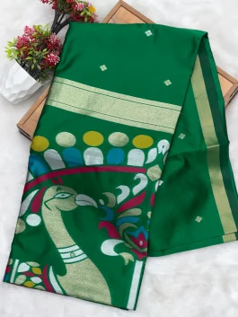 Maheshwari Jamdhani Pallu Green Saree V11