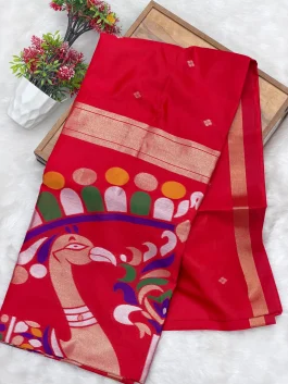 Maheshwari Jamdhani Pallu Tomato Red Saree V11