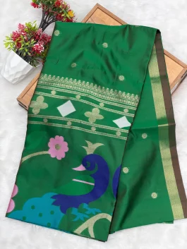 Maheshwari Jamdhani Pallu Green Saree V11