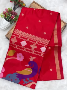 Maheshwari Jamdhani Pallu Tomato Red Saree V11
