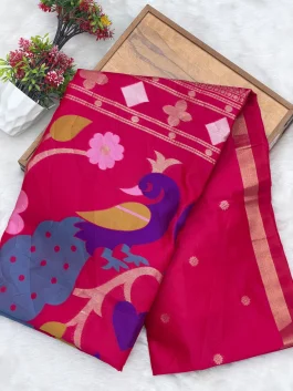 Maheshwari Jamdhani Pallu Red Pink Saree V11