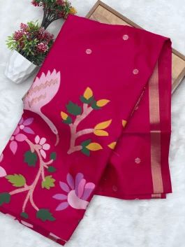 Maheshwari Jamdhani Pallu Red Pink Saree V11