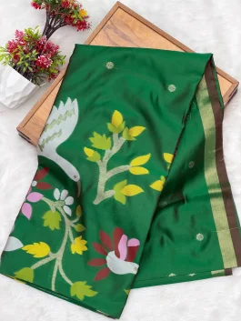 Maheshwari Jamdhani Pallu Green Saree V11