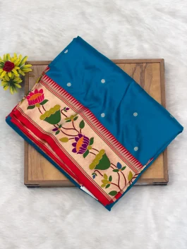 Brocade Premium Soft Silk Peacock Blue Paithani A12