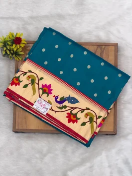 Brocade Premium Soft Silk Peacock Blue Paithani A12