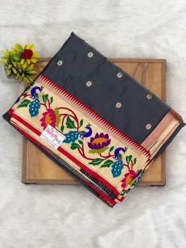 Brocade Premium Soft Silk Dark Grey Paithani A12