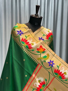 Soft Silk Swan Border Paithani Bottle Green H12