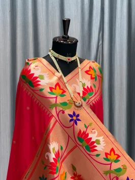 Soft Silk Swan Border Paithani Red H12