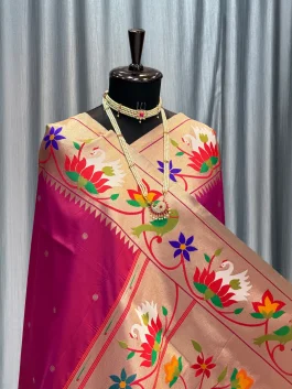 Soft Silk Sawn Border Paithani Rani Pink H12