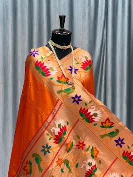 Soft Silk Swan Border Paithani Orange H12