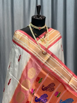 Pure Silk Tissue Pallu Paithani White B12