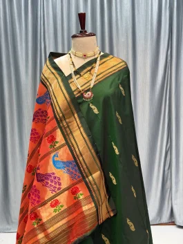 Pure Silk Tissue Pallu Paithani Bottle Green B12