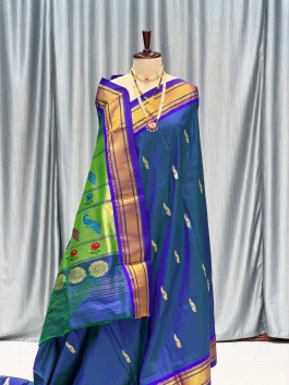 Pure Silk Tissue Pallu Paithani Peacock Blue B12