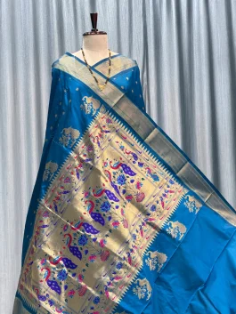 Pure Silk Kalanjali Paithani Powerloom Peacock Blue L12