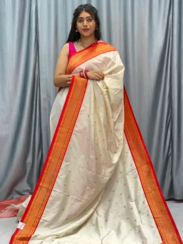 Soft Silk 14 Peacock Pallu  Paithani Offwhite F12