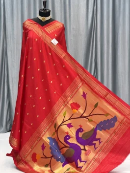 Pure Silk Big Peacock Pallu Yeola Handloom Paithani Red D10