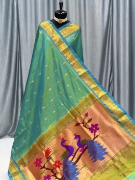 Pure Silk Big Peacock Pallu Yeola Handloom Paithani Dual Tone D10