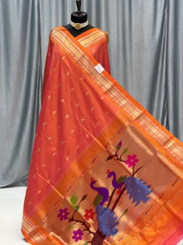 Pure Silk Big Peacock Pallu Yeola Handloom Paithani Dual Tone Orange D10