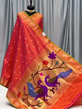 Pure Silk Big Peacock Pallu Yeola Handloom Paithani Dhupchav Orange D10