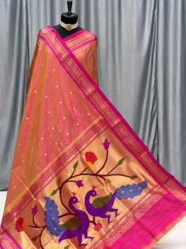Pure Silk Big Peacock Pallu Yeola Handloom Paithani Dual Tone Aboli D10