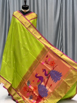Pure Silk Big Peacock Pallu Yeola Handloom Paithani Parrot D10