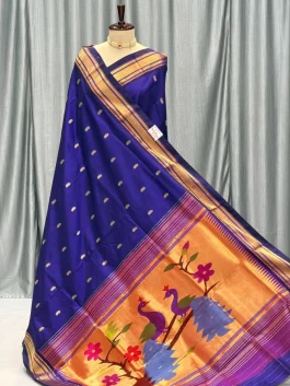 Pure Silk Big Peacock Pallu Yeola Handloom Paithani Blue D10