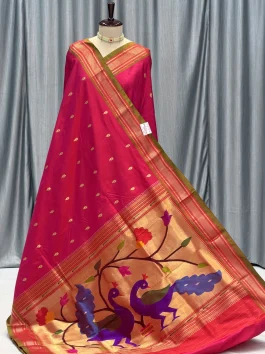 Pure Silk Big Peacock Pallu Yeola Handloom Paithani Red Pink D10