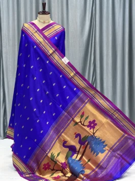 Pure Silk Big Peacock Pallu Yeola Handloom Paithani Blue D10