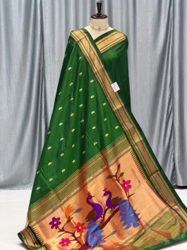 Pure Silk Big Peacock Pallu Yeola Handloom Paithani Self Bottle Green D10