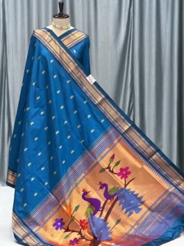Pure Silk Big Peacock Pallu Yeola Handloom Paithani Carbon Blue D10