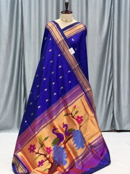 Pure Silk Big Peacock Pallu Yeola Handloom Paithani Self Blue D10