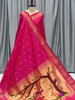 Pure Silk Big Peacock Pallu Handloom Yeola Paithani Self Rani Pink D10
