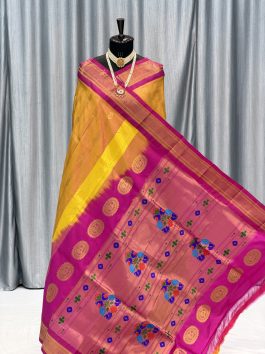 Pure Silk Handloom Maharani Paithani Dhupchav Yellowish Aboli C12
