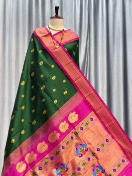 Pure Silk Handloom Maharani Paithani Dark Green C12