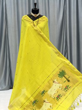 Cotton Paithani Yeola Handloom Lemon Yellow  C11
