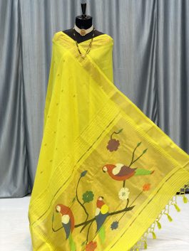 Cotton Paithani Yeola Handloom Lemon Yellow C11