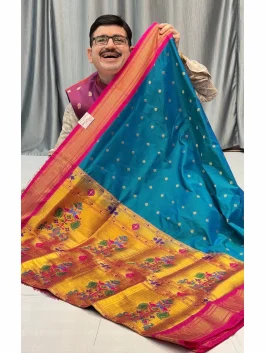 Pure Silk Dark Rama Green Maharani Kadiyal Paithani Y11