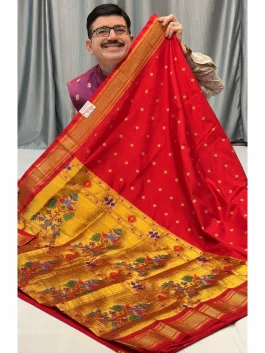 Pure Silk Self Red Maharani Kadiyal Paithani Y11