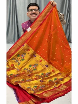 Pure Silk Orange Maharani Kadiyal Paithani Y11