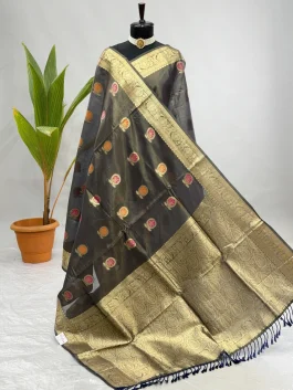 Mango Tissue Paithani Dark Grey P12