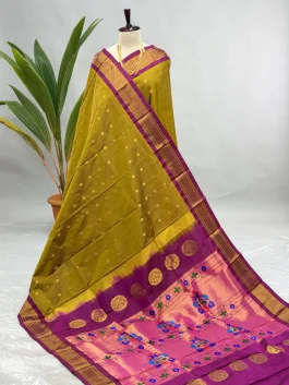 Pure Silk Handloom Kalanjali Paithani Mustard Yellow H13